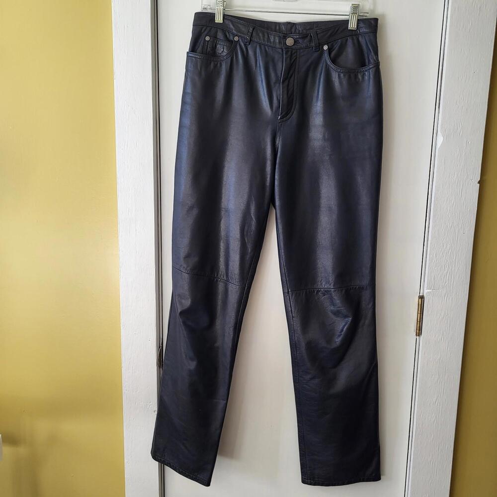 VTG Nine West 100% leather pants women's sz 6 zip button closure dark navy blue